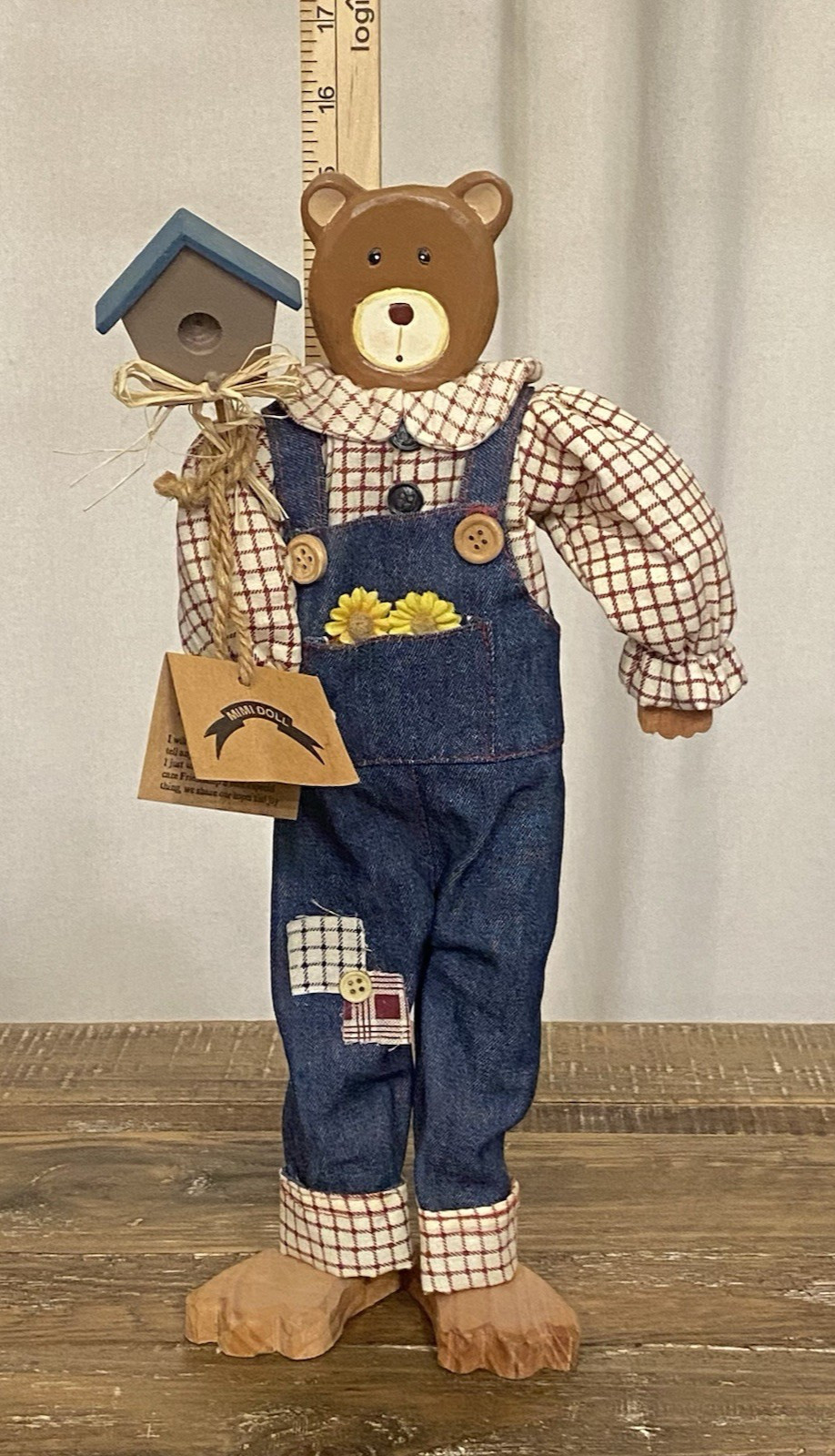 Frieda Friendship Bear 15″ Wood Grizzly Mimi Doll in Overalls w/ Bird House USA