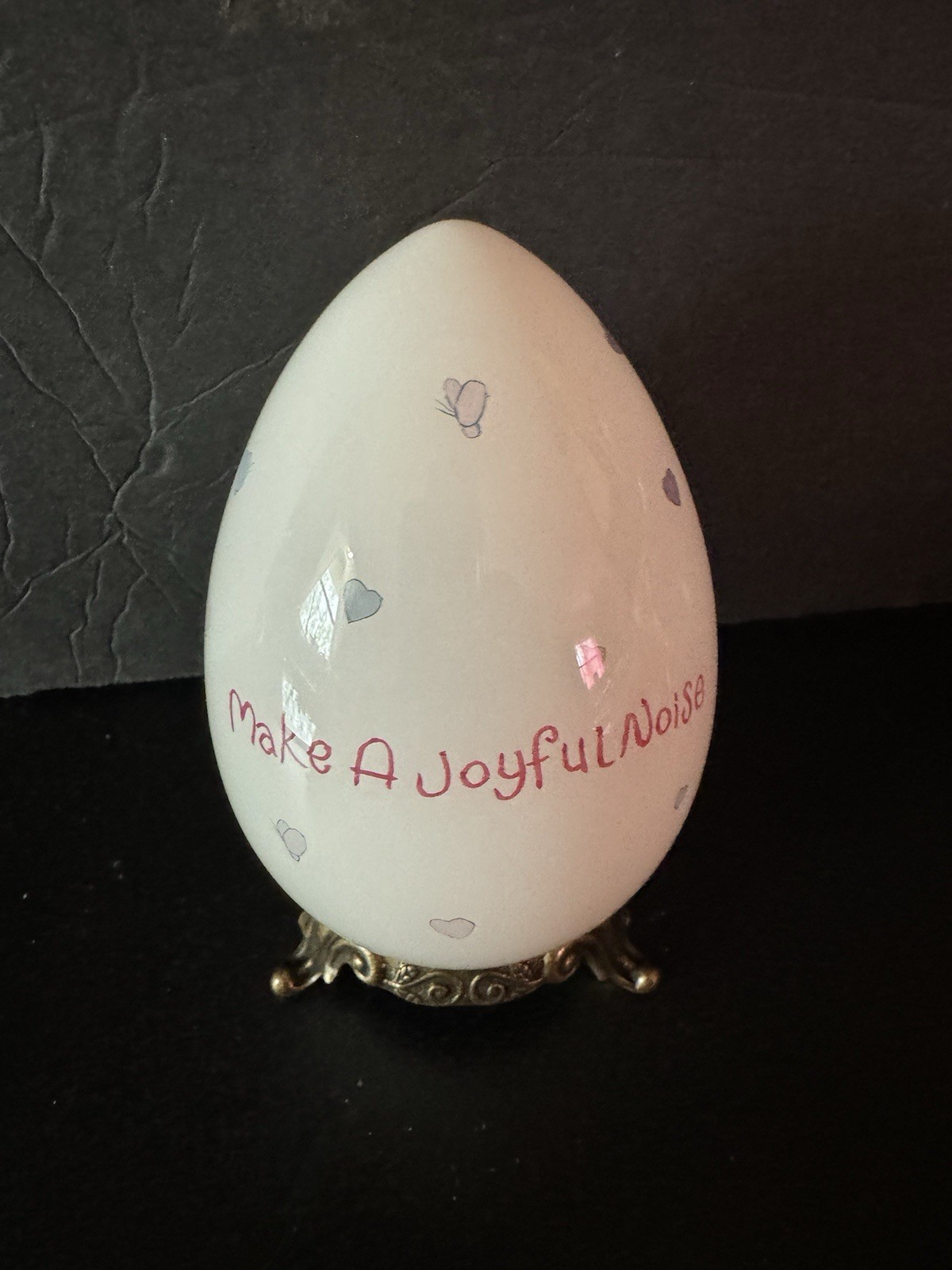 Precious Moments Porcelain Egg with Stand make a joyful noise