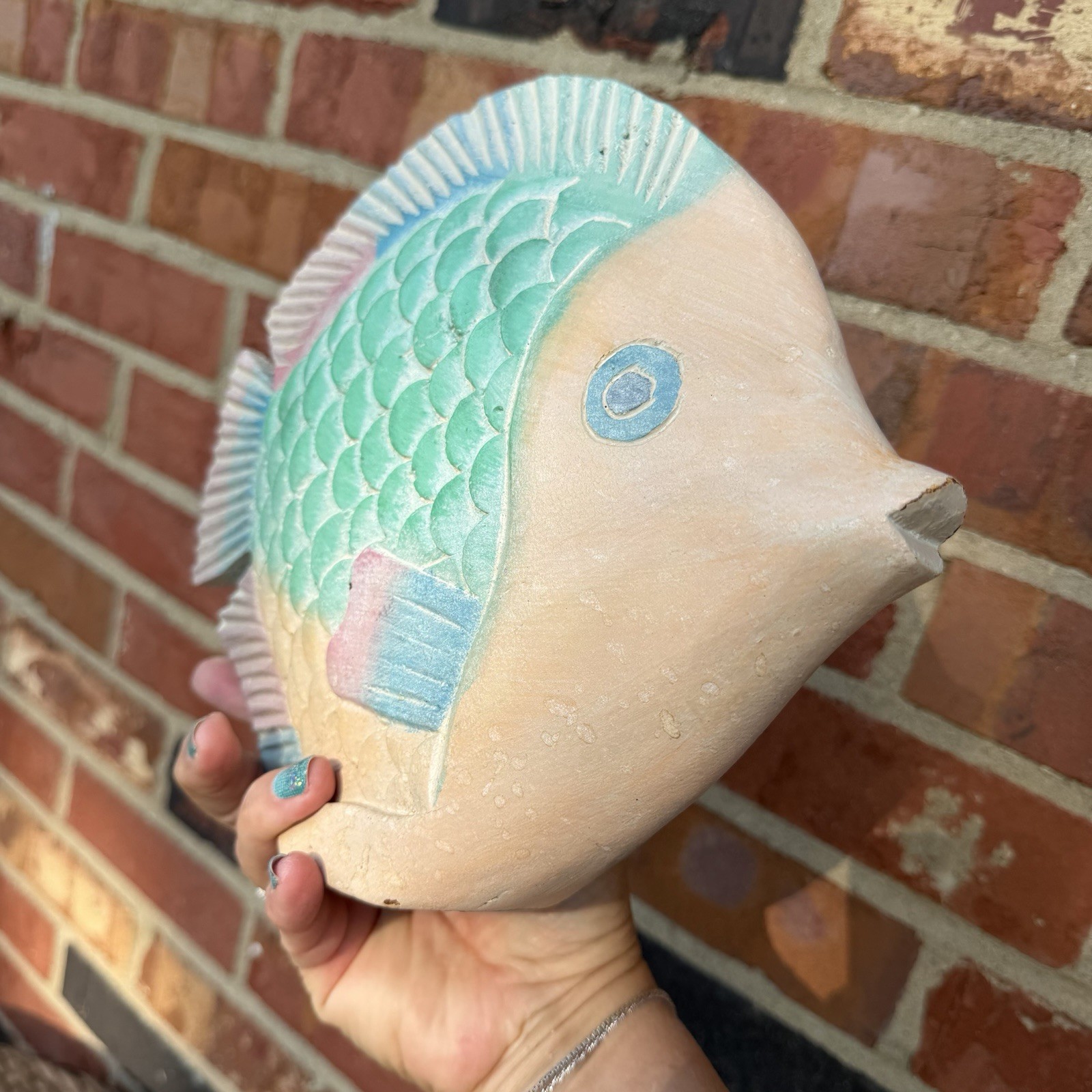 Wood Carved Tropical Fish Sculpture 10” Coastal Pastels Lightweight Nautical EUC