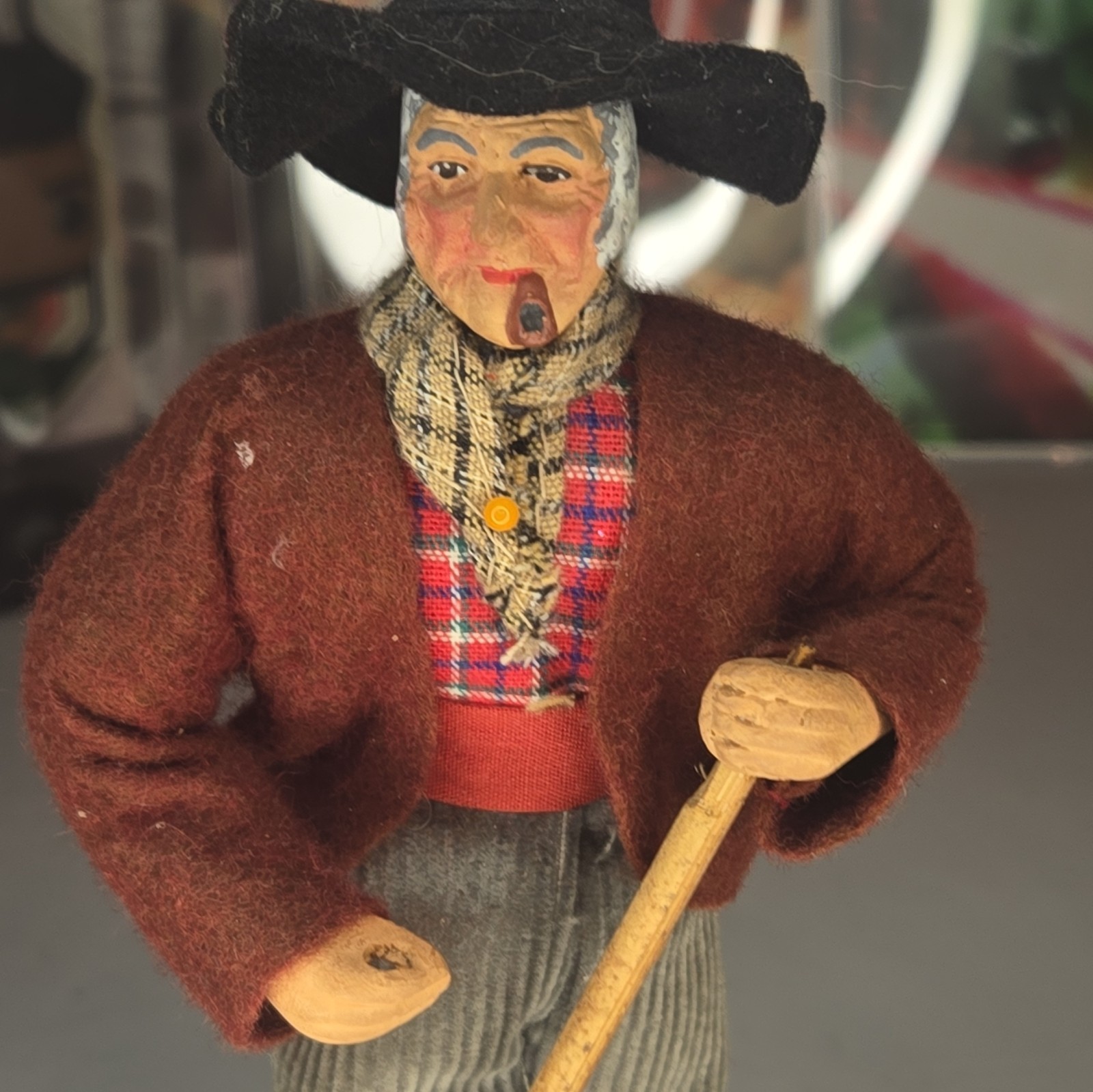 French Folk Art Man Figurine Plaid Fabric Wood Brown Multicolor Wooden Base