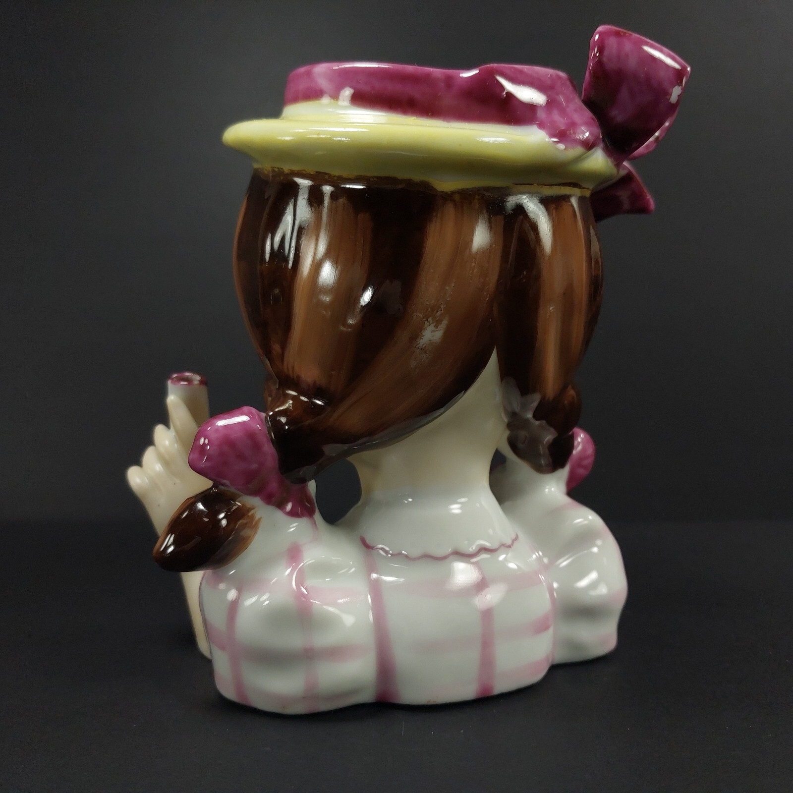 Napco Head Vase Planter Pink Plaid Pigtailed Porcelain Unbrella Lady Japan