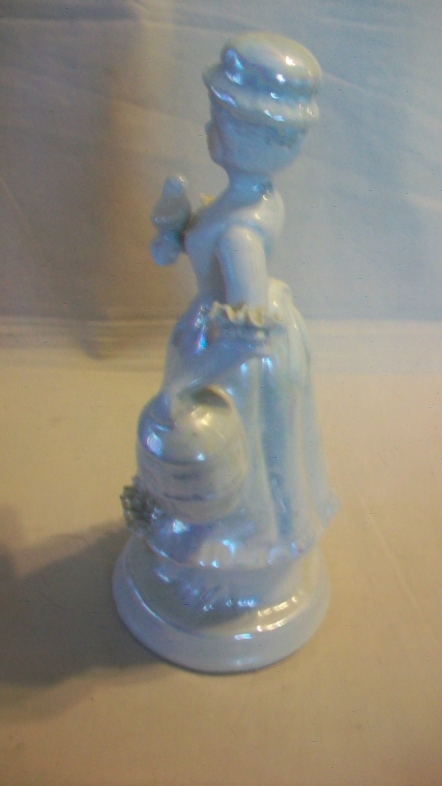 CERAMIC LADY WITH BIRD AND BIRDCAGE OPALESCENT FIGURINE