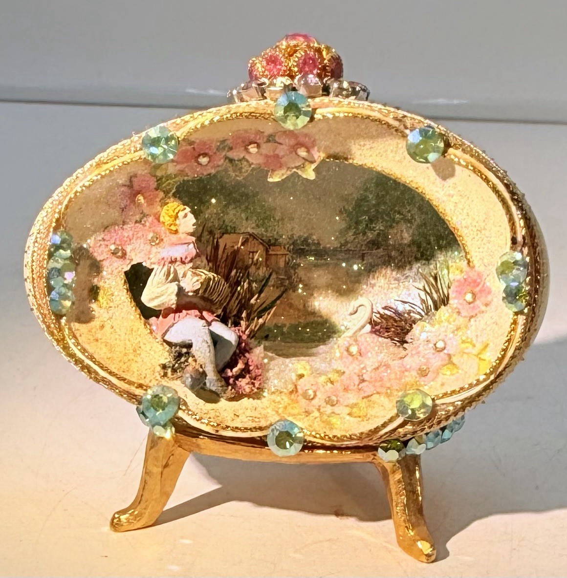 Vintage Handmade Egg Diorama With Jems, Swan Lake On Stand OOAK