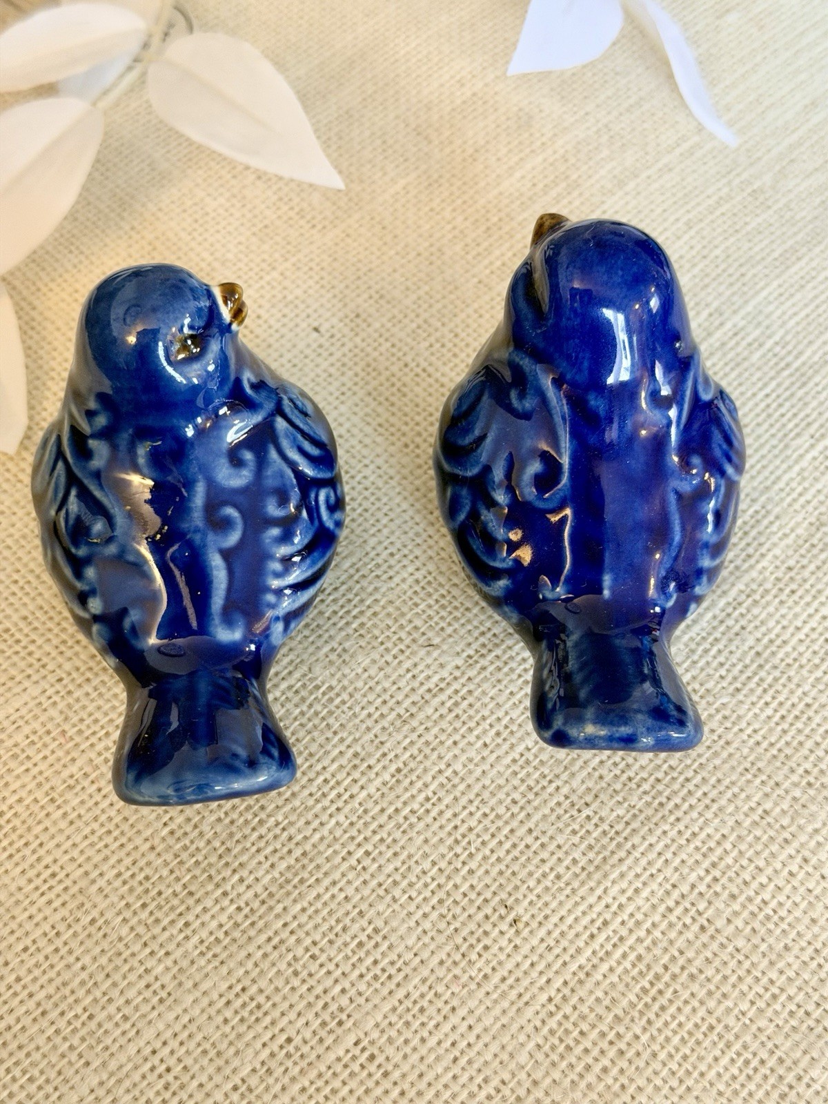 A Pair Of Blue Ceramic Bird Figurine Portugal Handmade Collectible 3.2″ Shelf