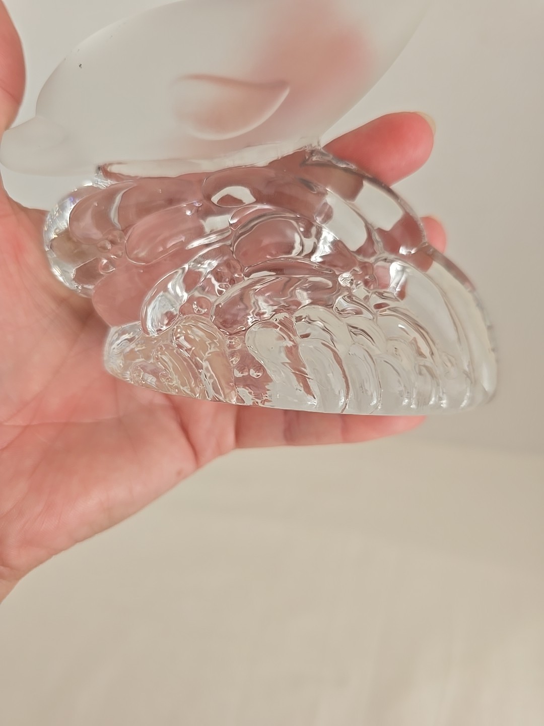 Vintage Frosted Glass Dolphin on a Clear Glass Wave – 6.25″T X 6.25″D