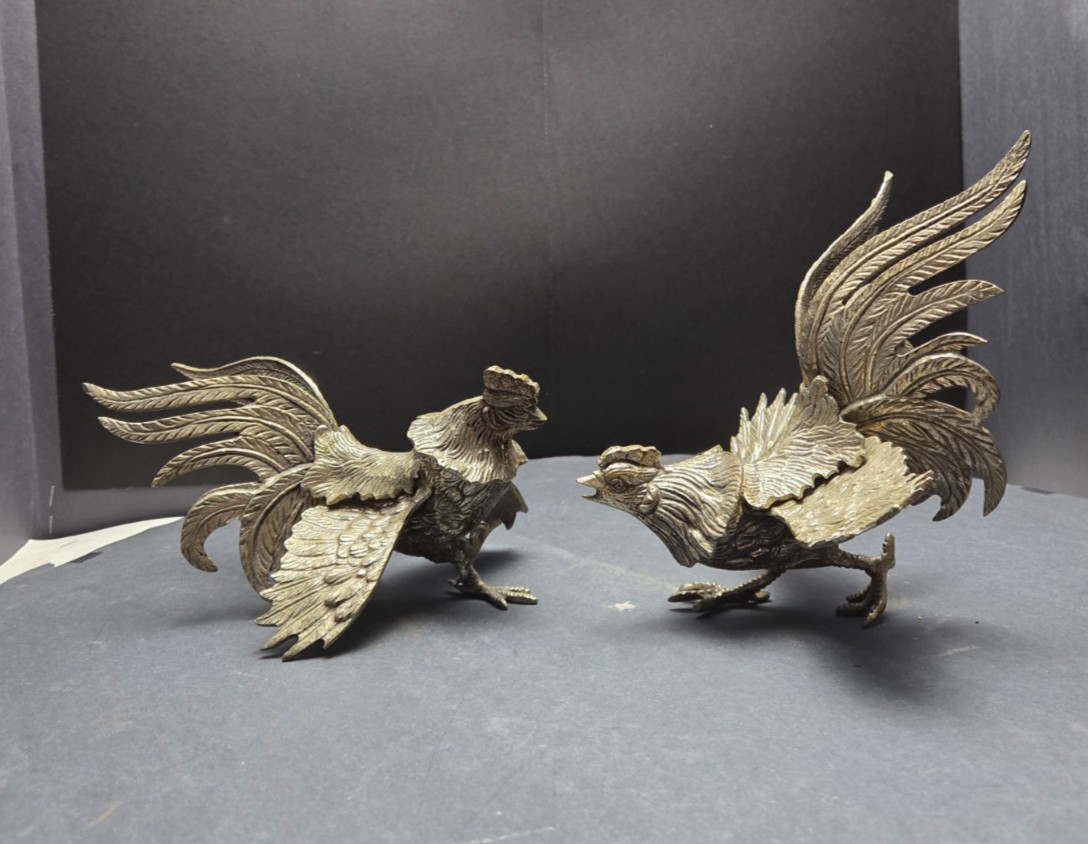 Vintage Silver Tone Rooster Figurines Pair Detailed Metal Gamecock Sculptures