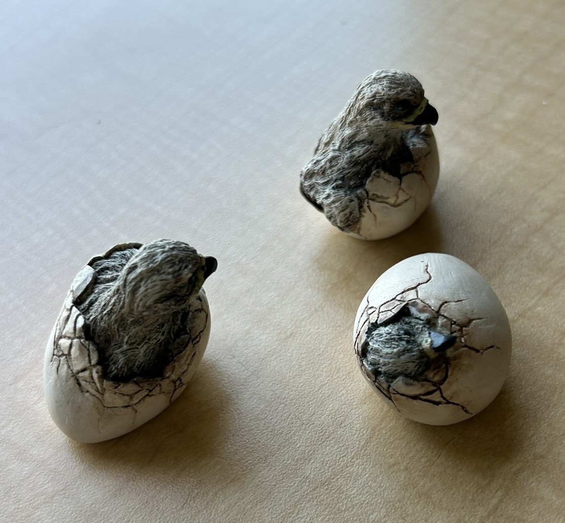 Set of 3 Birds Hatching from Eggs Figurines Etched HFM Signature – 1.75” ea.