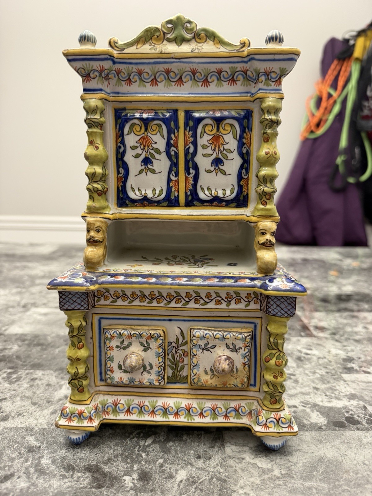 Hand Painted Desvres Ceramic Floral Mini Chest Figurine, Removable Drawers, 625