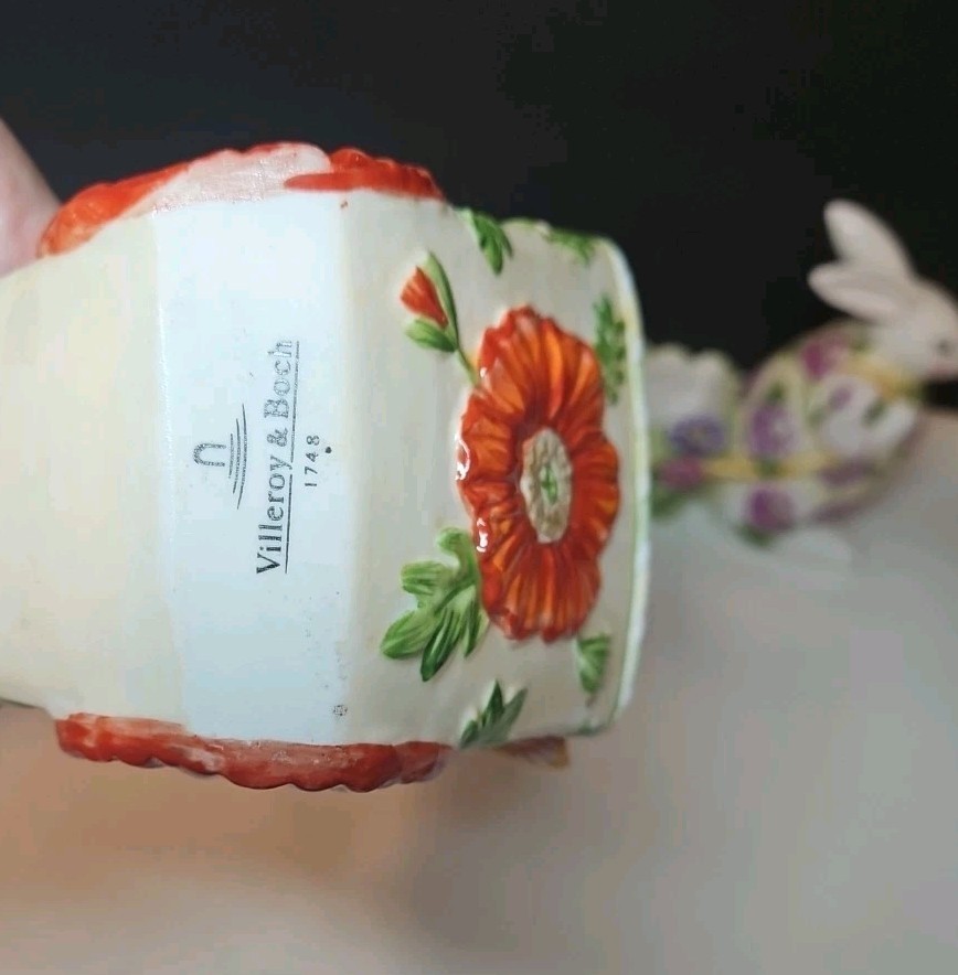 2 VILLEROY & BOCH 1748 Bunny Rabbit Pulling Cart Easter Decor Butterfly Poppy