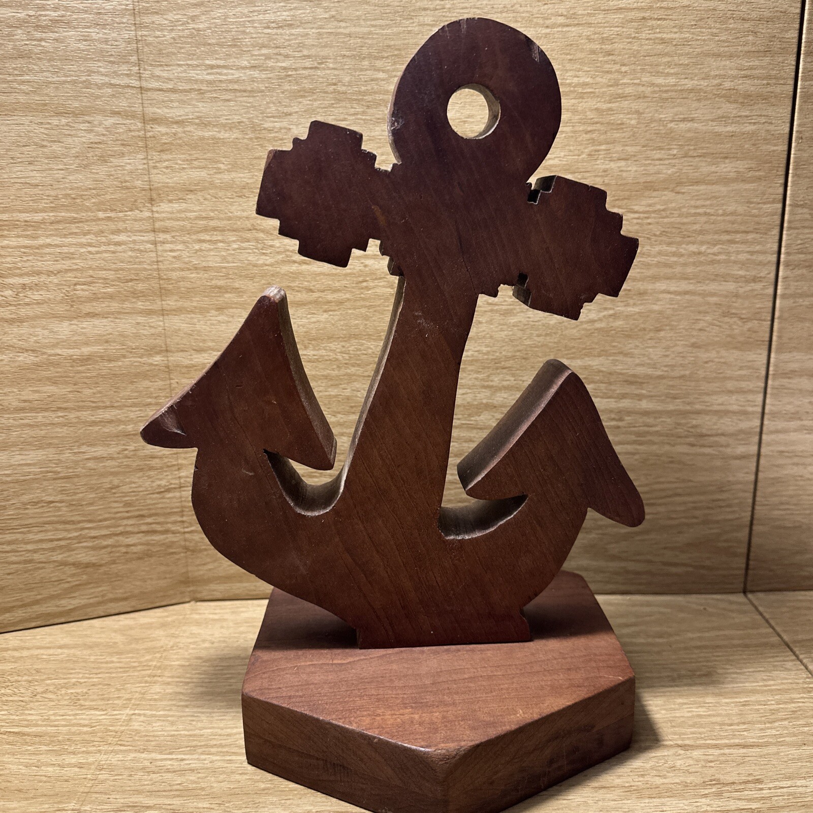 VTG Heavy Carved Folk Art Wooden Sailor Anchor Shelf Nautical Navy Desk Figurine
