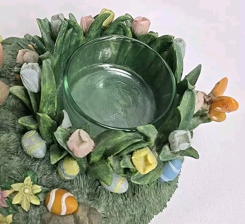 RARE Cute Bunny W/Pink Dress, Blue Apron & Hat In Easter Garden ~Candle Holder!