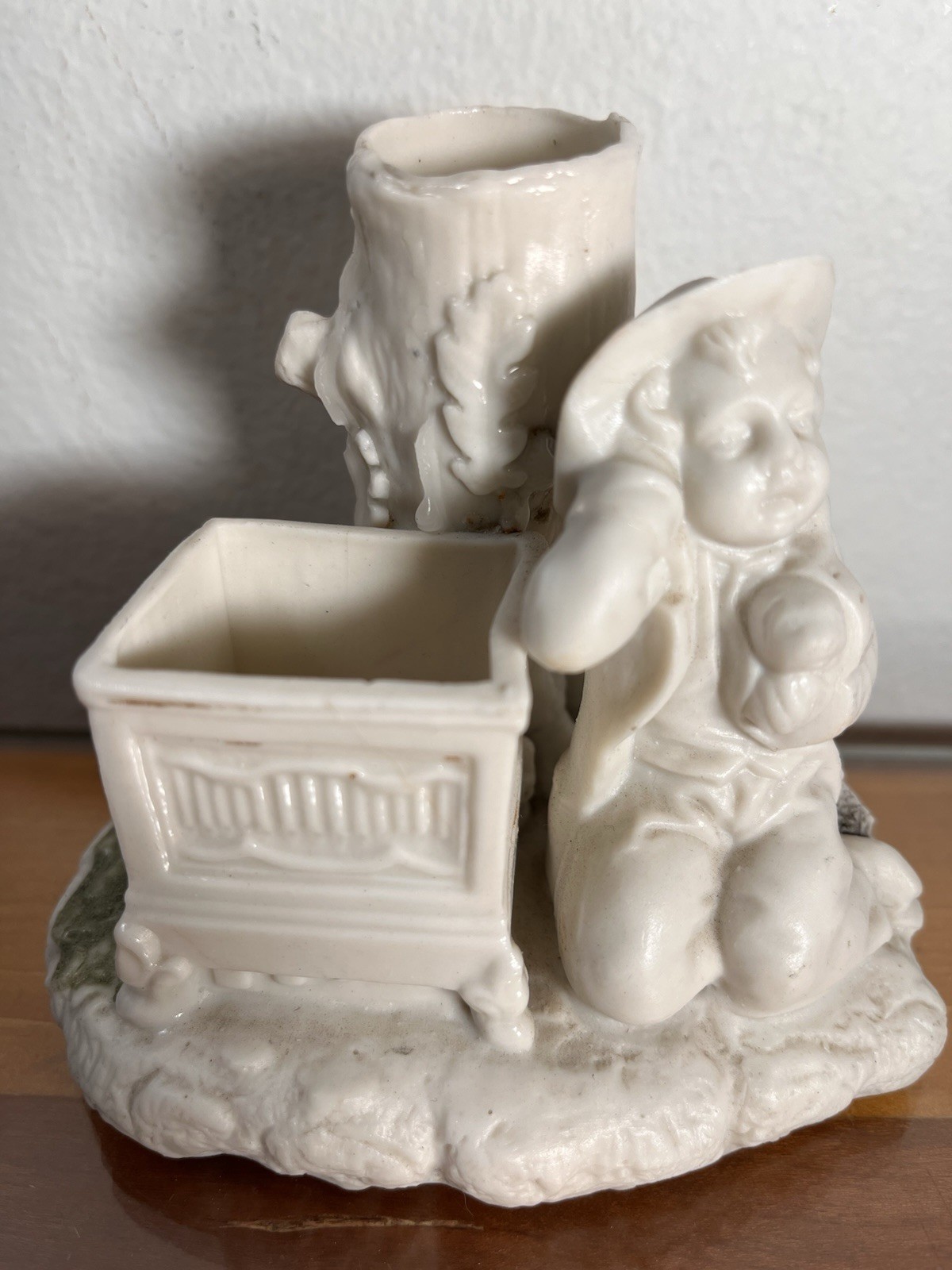 Vintage Heubach style Porcelain Boy w Puppy Vase & Candle Holder Figurine 4”