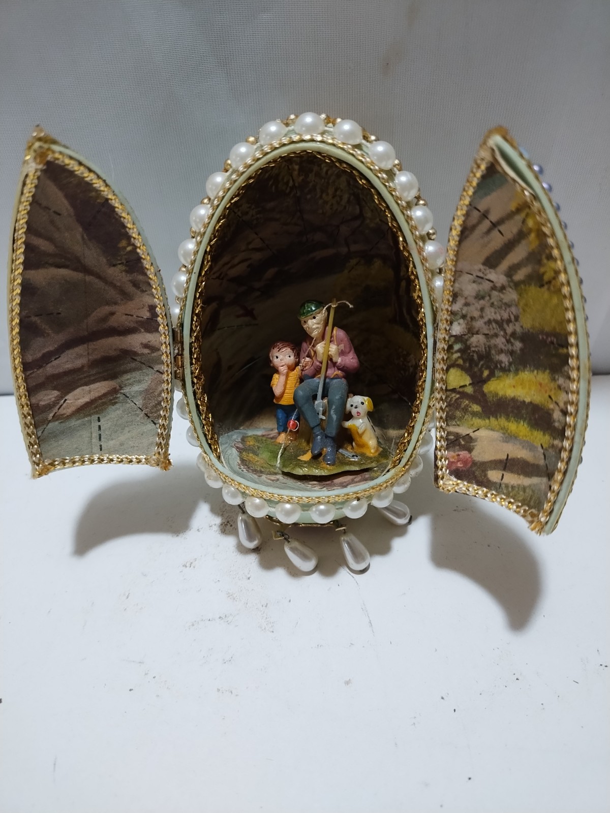 Vintage Diorama Easter Egg Man Fishing W/Child Dog Hinged Door Beaded Goose Egg
