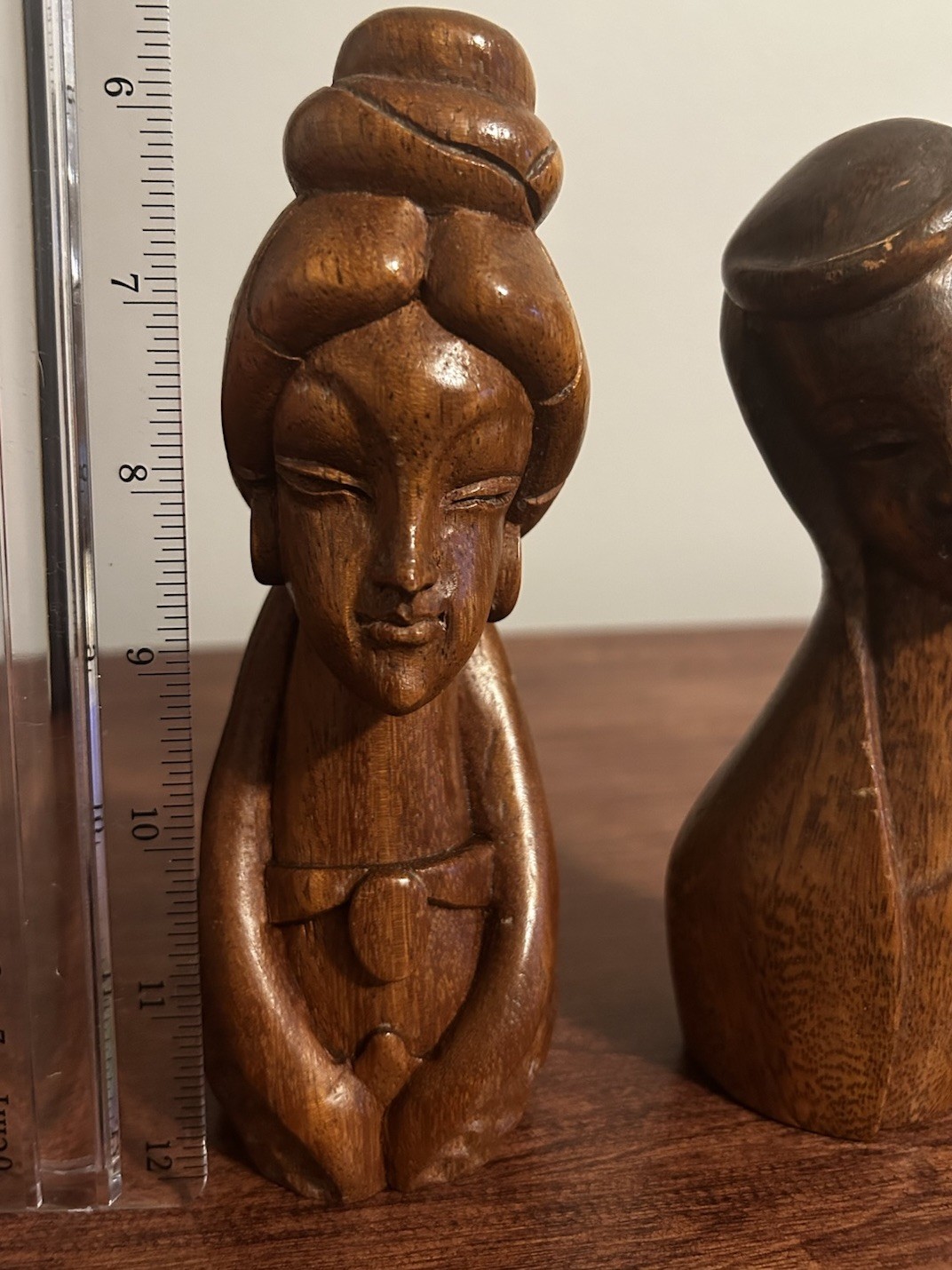 PAIR Vintage Woman Face Figurine Abstract Modernist Wooden Sculpture MCM