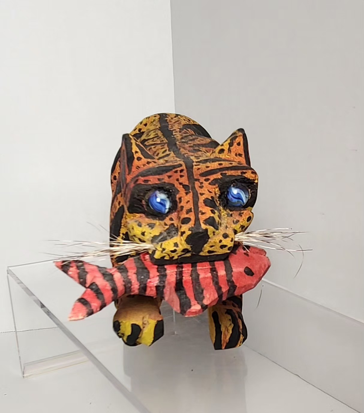 Carved Wood Hand Painted Crouching Tiger With Prey Whiskers Marble Eyes