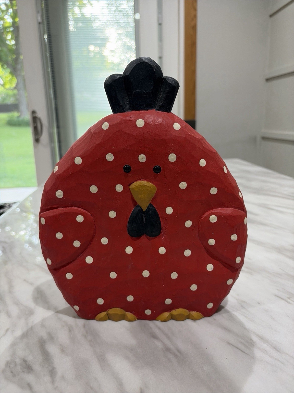 Hand Carved Wooden Chicken Red Polka Dot Folk Art Decor Made In Philippines