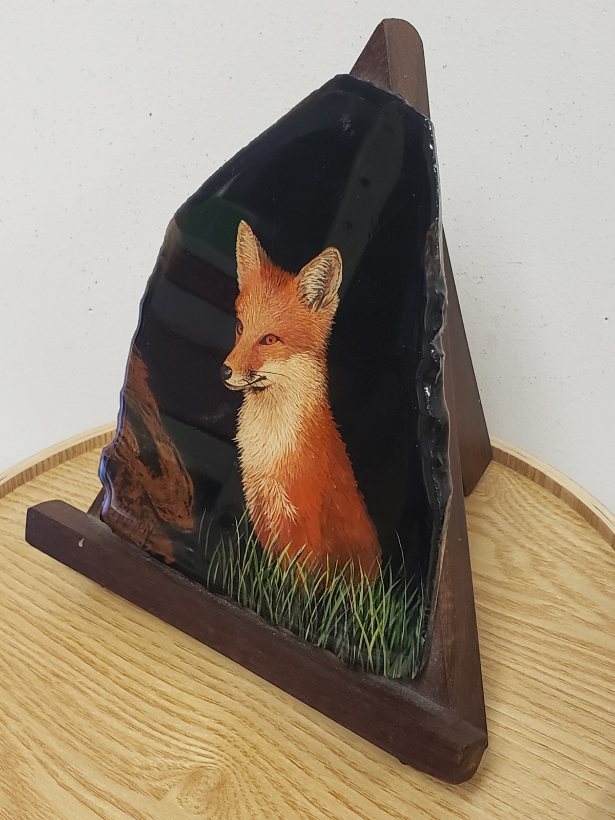 Vintage Hand-Painted Fox Art on Acrylic with Wooden Stand