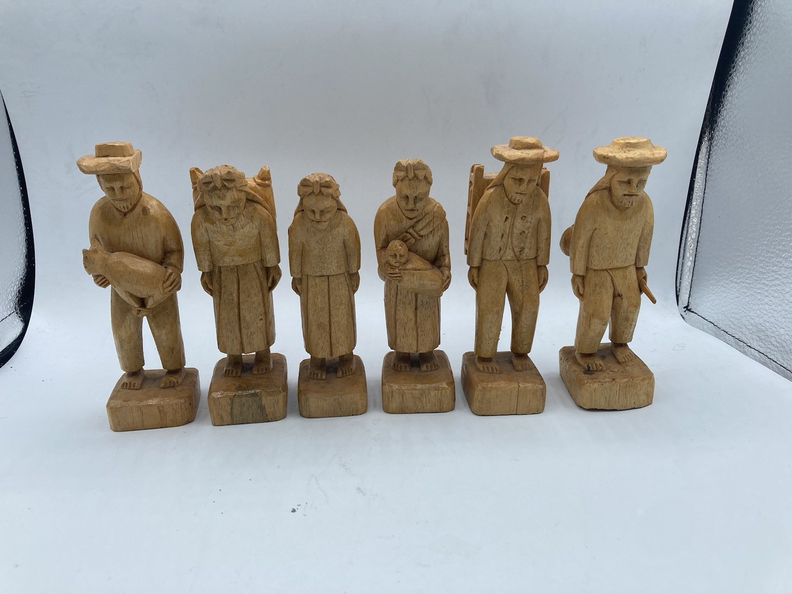 Lot of 6 6″ Lightweight Handcarved Handmade Figures Men Women Leaning Workers