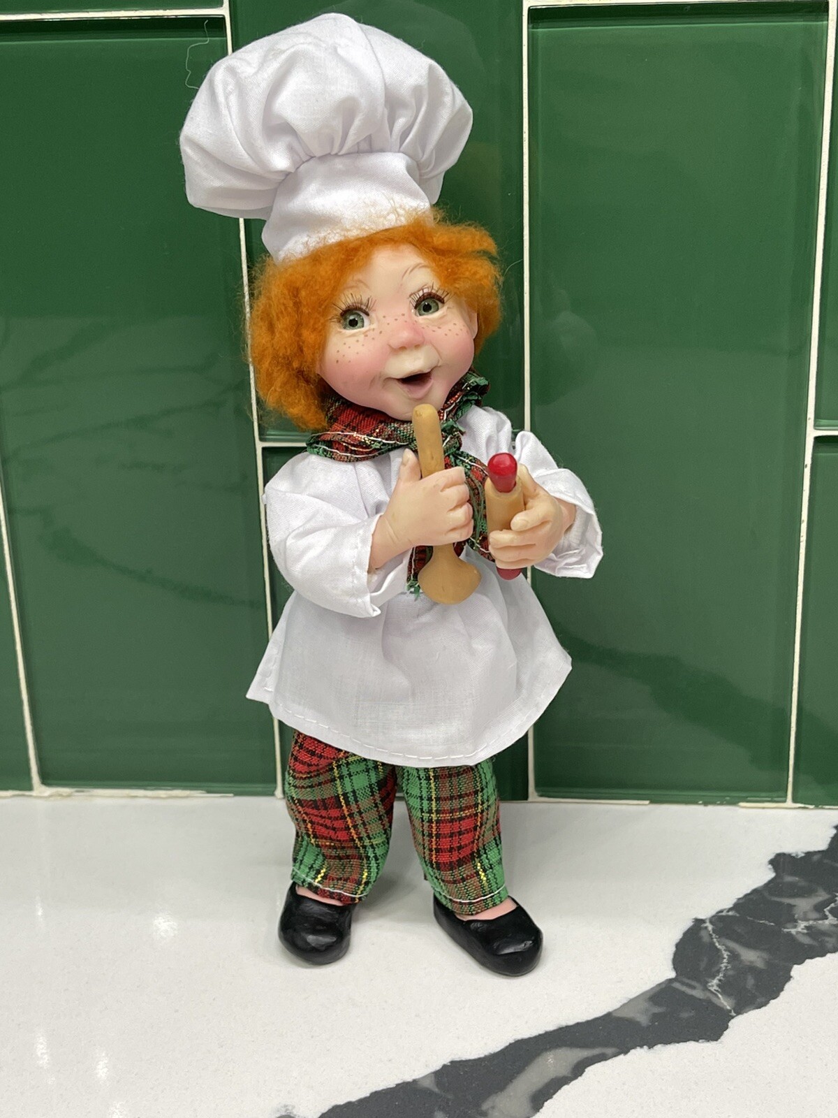 Kurt S Adler 9” Chef Baker Figurine Red Hair Plaid Pants & Scarf Rare- HTF