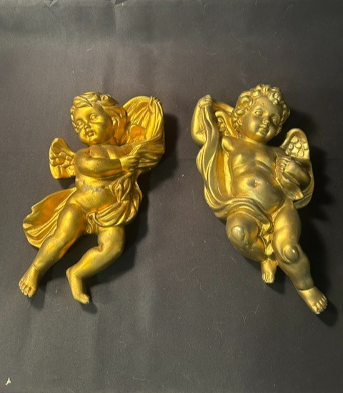 Vintage Homco Gold Cherub Angels Wall Hangings Decor Set of 2 Retro #1120 10.5″