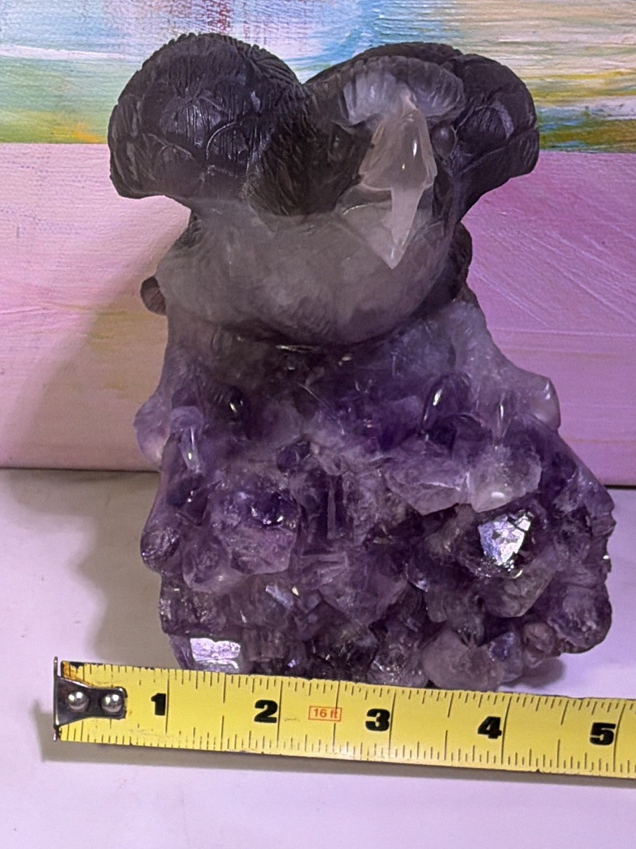 Eagle ￼Carved Stone Figurine on Purple Crystal Base, Polished 3D Effect, 5 in