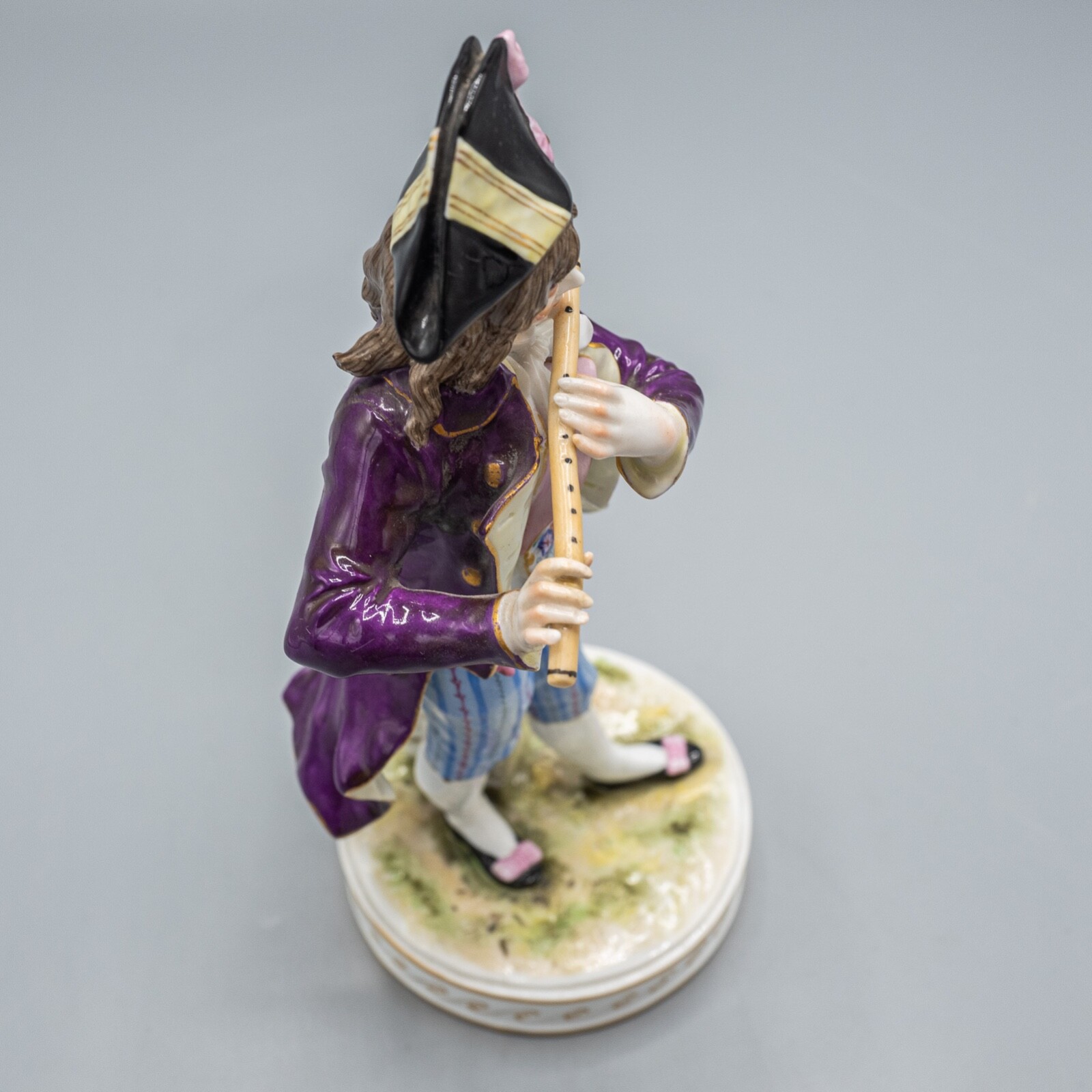 Sevres STYLE Porcelain Man Playing Flute Musician Gentleman Figurine Purple ~8″H