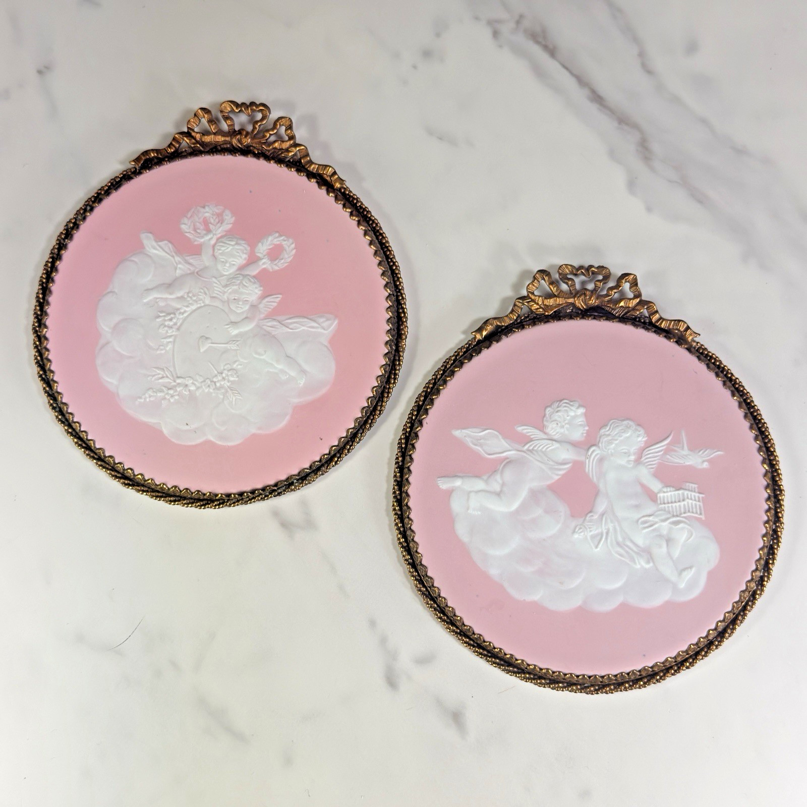 Pair Pink White Jasperware Plaques Putti Cherub Angels Framed Round 5.5″