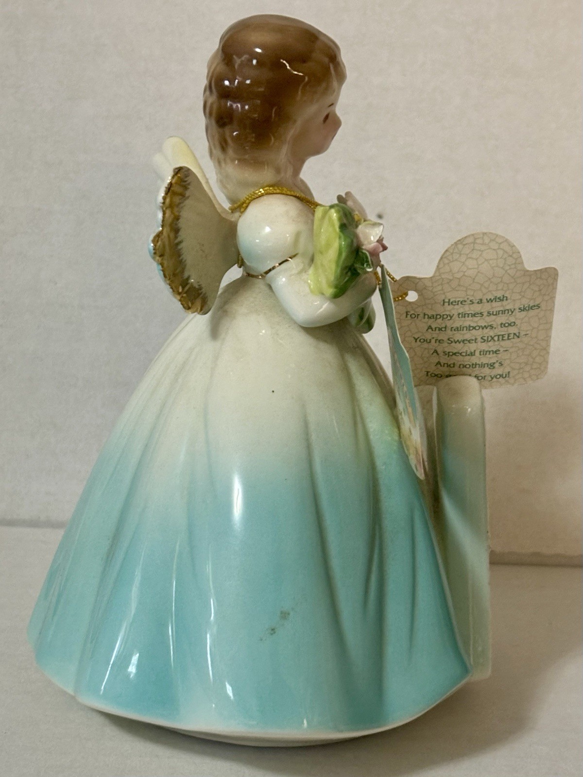 JOSEF ORIGINALS FIGURINE Birthday Angel 16 YEARS w/flowers CERAMIC 6.25 “ Tall