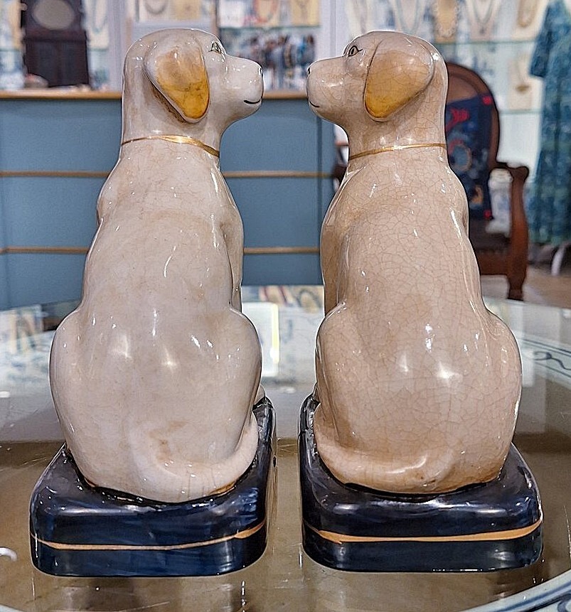 Pair Of Porcelain Ivory White Dogs. Black Bases. Hand Painted (8”H, Each)