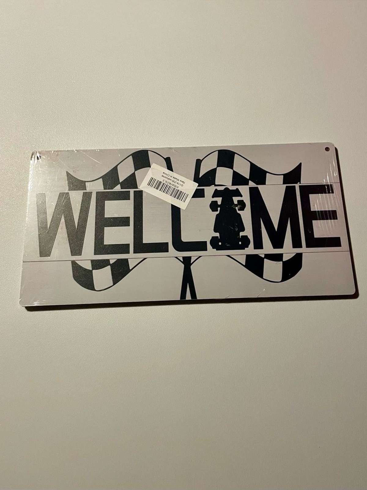 F1 Racing Welcome Sign MDF Wood Garage Man Cave Decor Checkered Flag Plaque 12×5