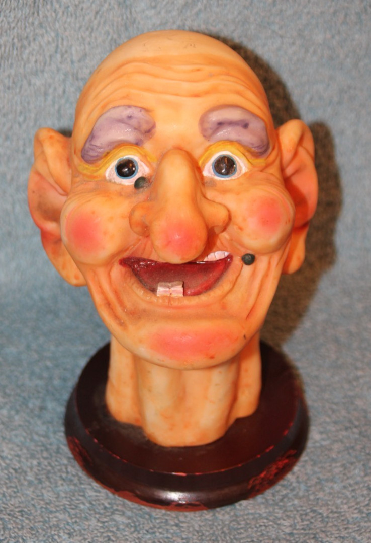 Vintage Resin Weird Old Man Head on Wooden Base