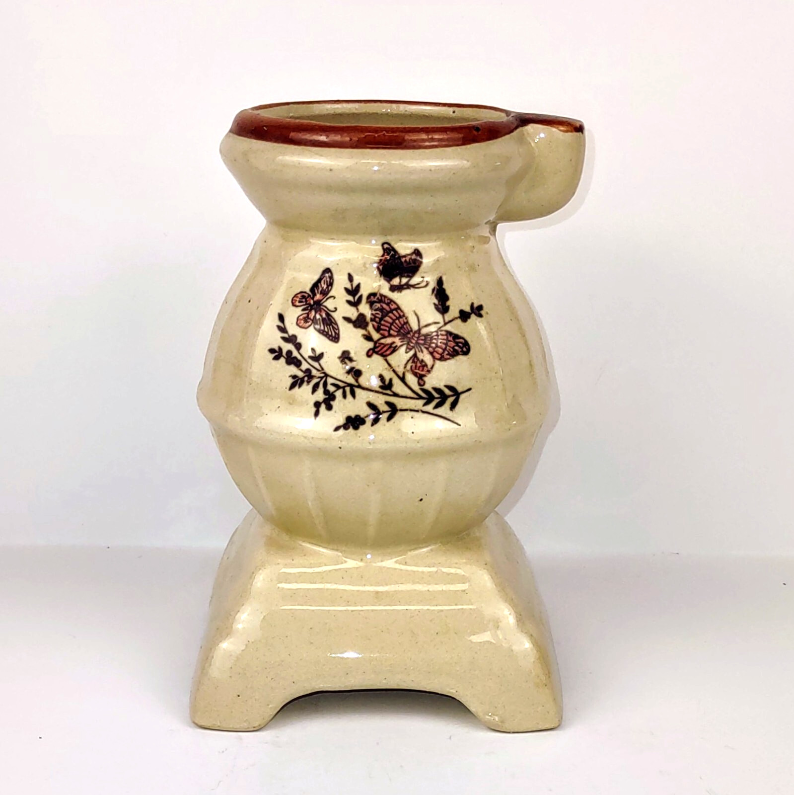 Vintage Ceramic Pot Bellied Stove Brown Butterflies Vase 5 1/2″ Tall 3 1/2″ Wide