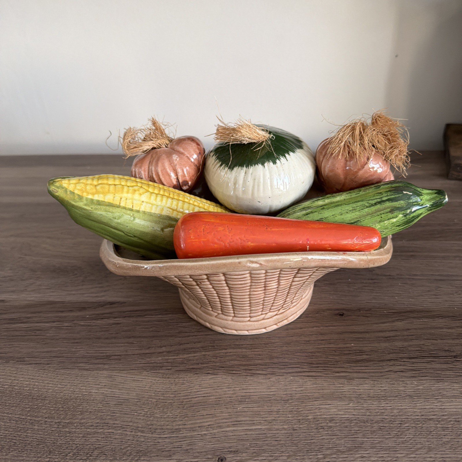 Vintage Hand Painted Ceramic Vegetables in a Bowl Centerpiece 11″ Basket Weave