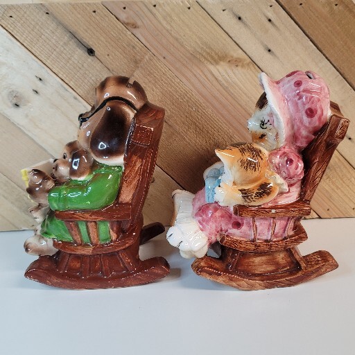 Lefton Piggy Bank Anthropomorphic Dog /Cat + Puppy / Kitten In A Rocking Chair
