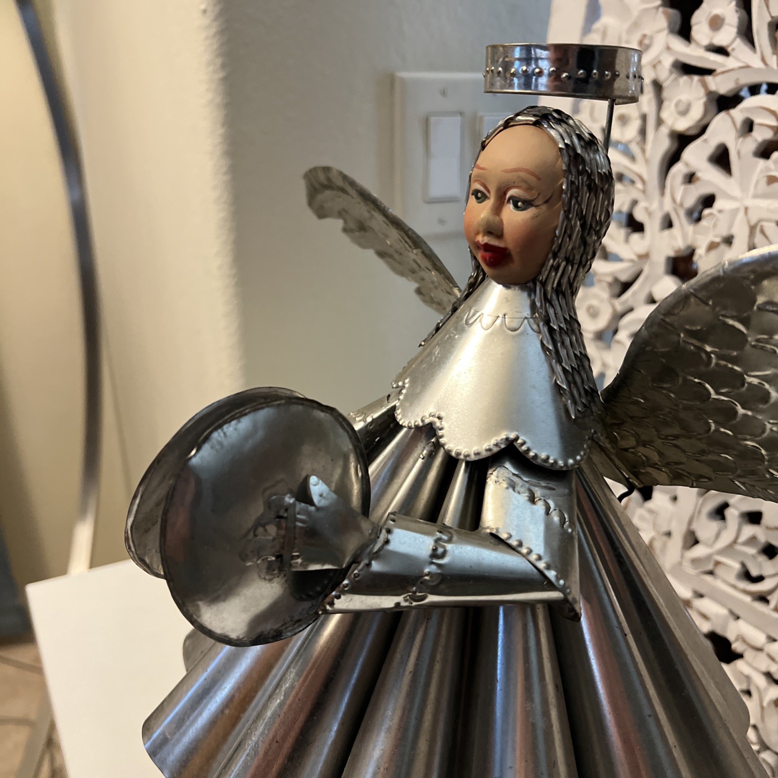 Vintage Mexican Folk Art Tin Angel with Hand Painted Face Wings 13×20 Figure