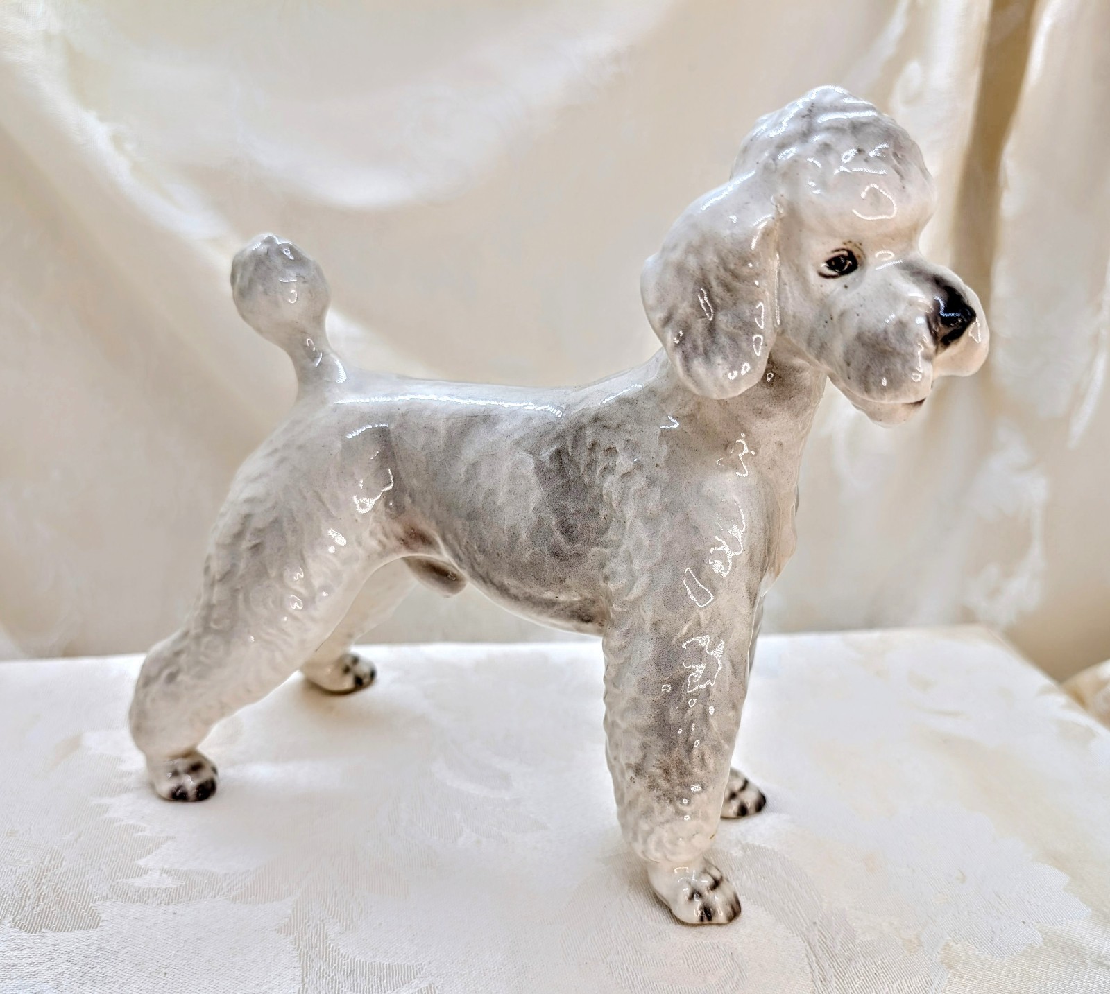 Vintage Keramos White Grey Poodle Figurine 7″ Ceramic Dog Austria Male Statue
