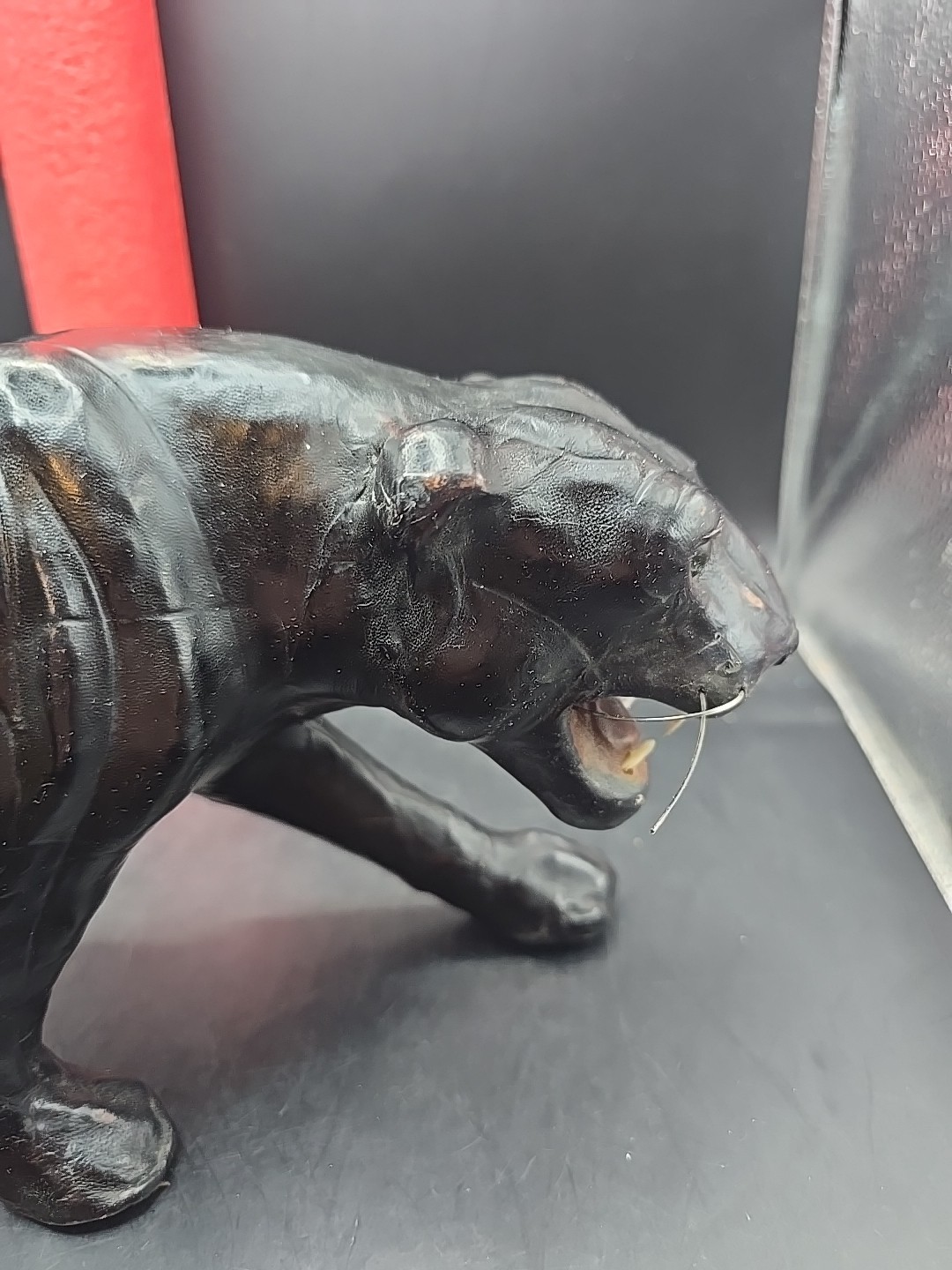 Black Leather Paper mache Panther Jaguar 15″ Glass Eyes Vintage