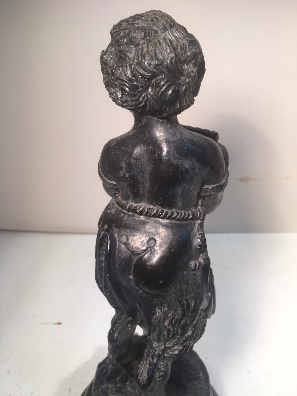ANTIQUE SCULPTURE METAL SPELTER- BRONZE PAN SATYR FAWN ON MARBLE BASE MYTHOLOGY
