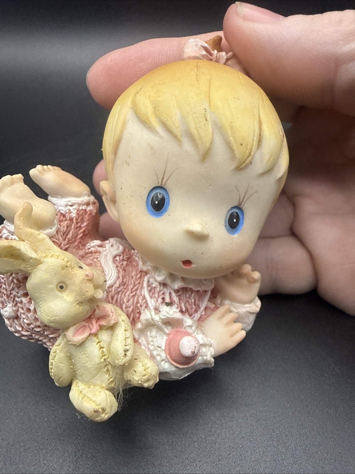 Enesco Style Nursery Figurine Girl With Bunny VTG Blue Eyed Blond Baby Girl