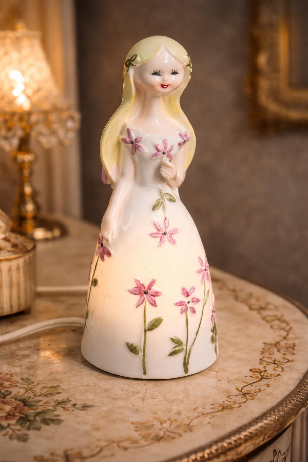 VTG All Nations Labs Girl Portable Lamp Figurine, Floral Dress Night Light