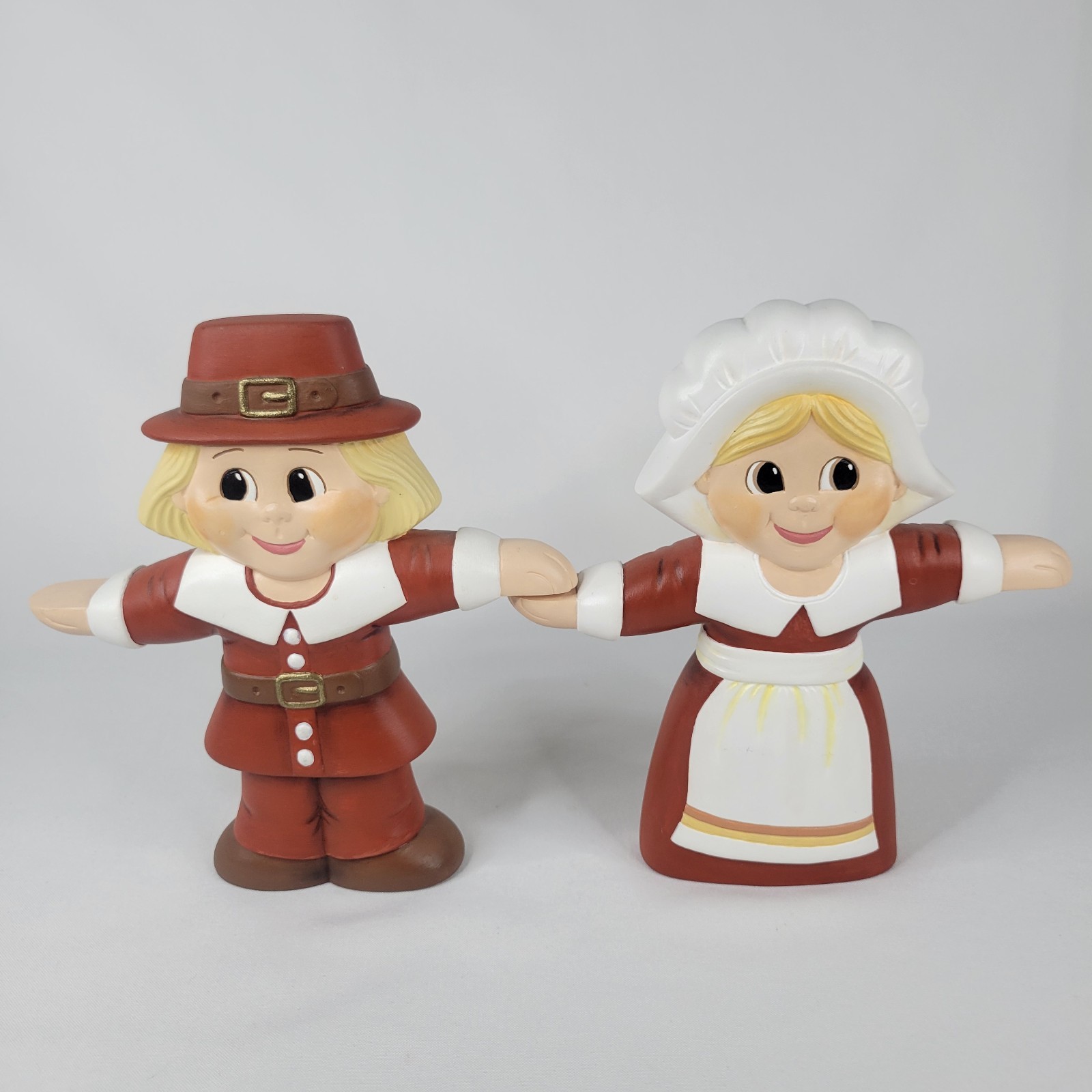 Vtg Set Ceramic Mold Figures Hand Painted 2 Sided Pilgrims Thanksgiving Boy Girl