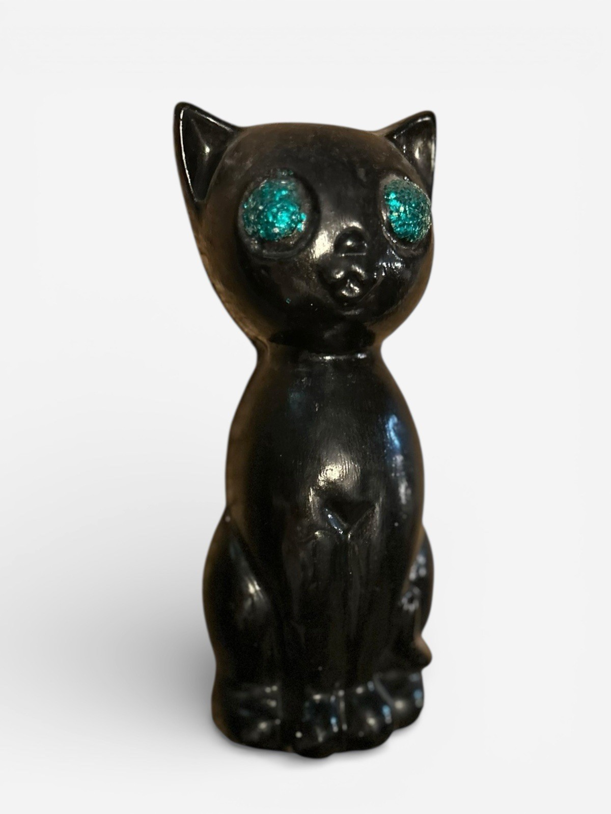 Vintage 1960s Chalkware Black Cat Figurine Green Eyes MCM