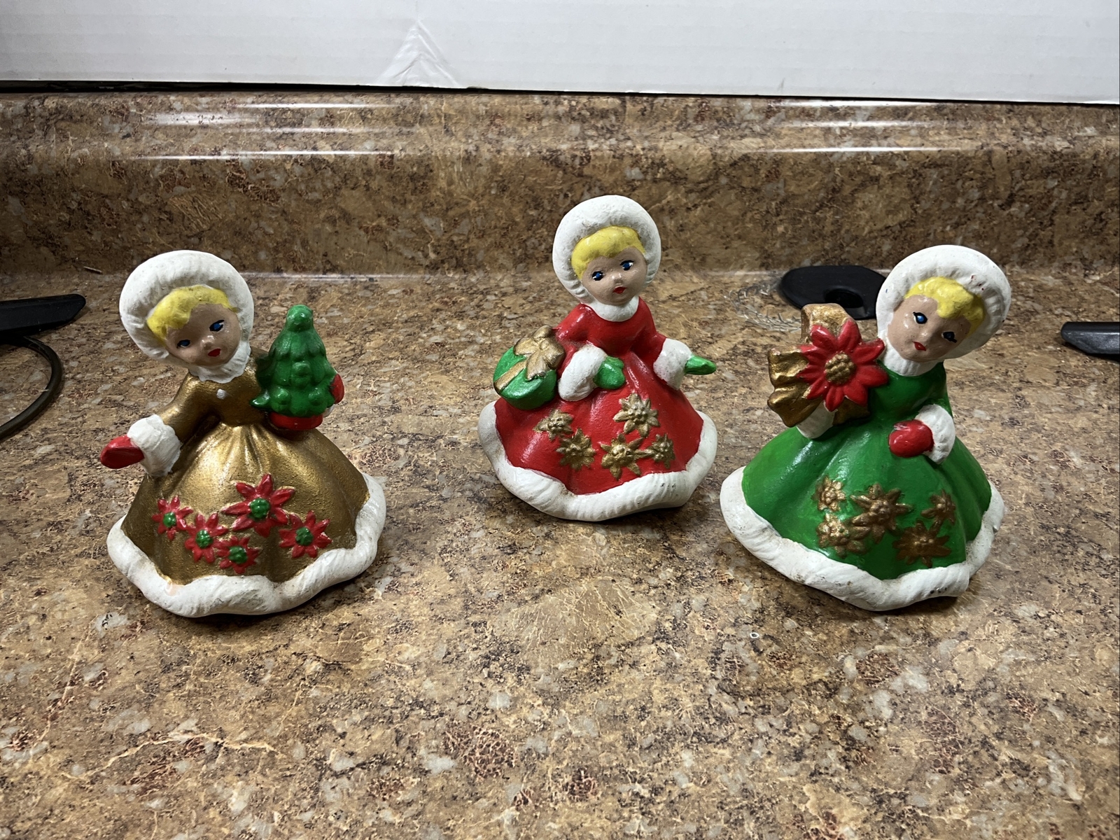 3 1950 Christmas Girl Red Poinsetta Dress Purse Hat Box & Green Gold Approx 3.5