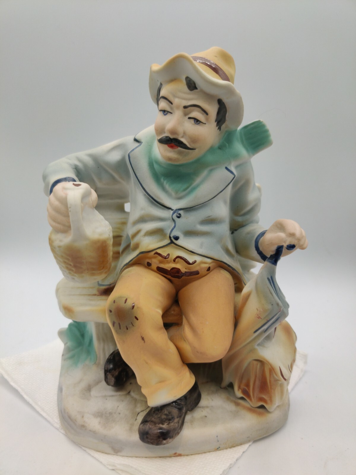 ARPO Figurine Ceramic Porcelain Traveler Man On Bench Jug Umbrella Romania
