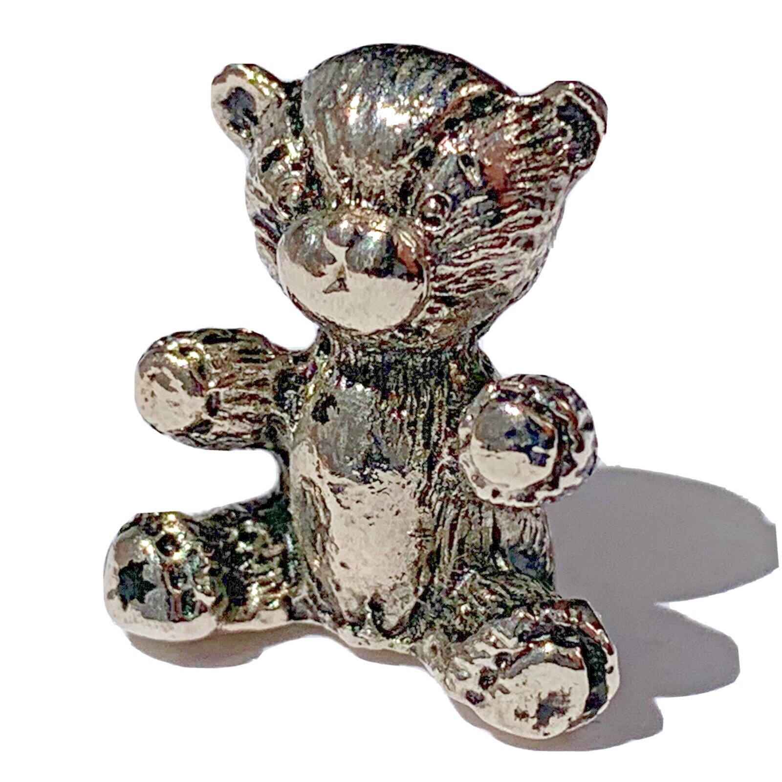 miniature teddy bear figurine silver tone metal collectible animal seated figure