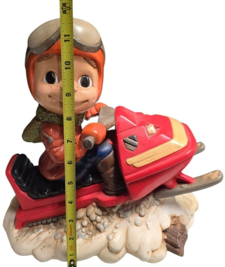 Vintage 70s Smiley Boy Snowmobile Snow Winter Ceramic Figure Ceramics By Wood