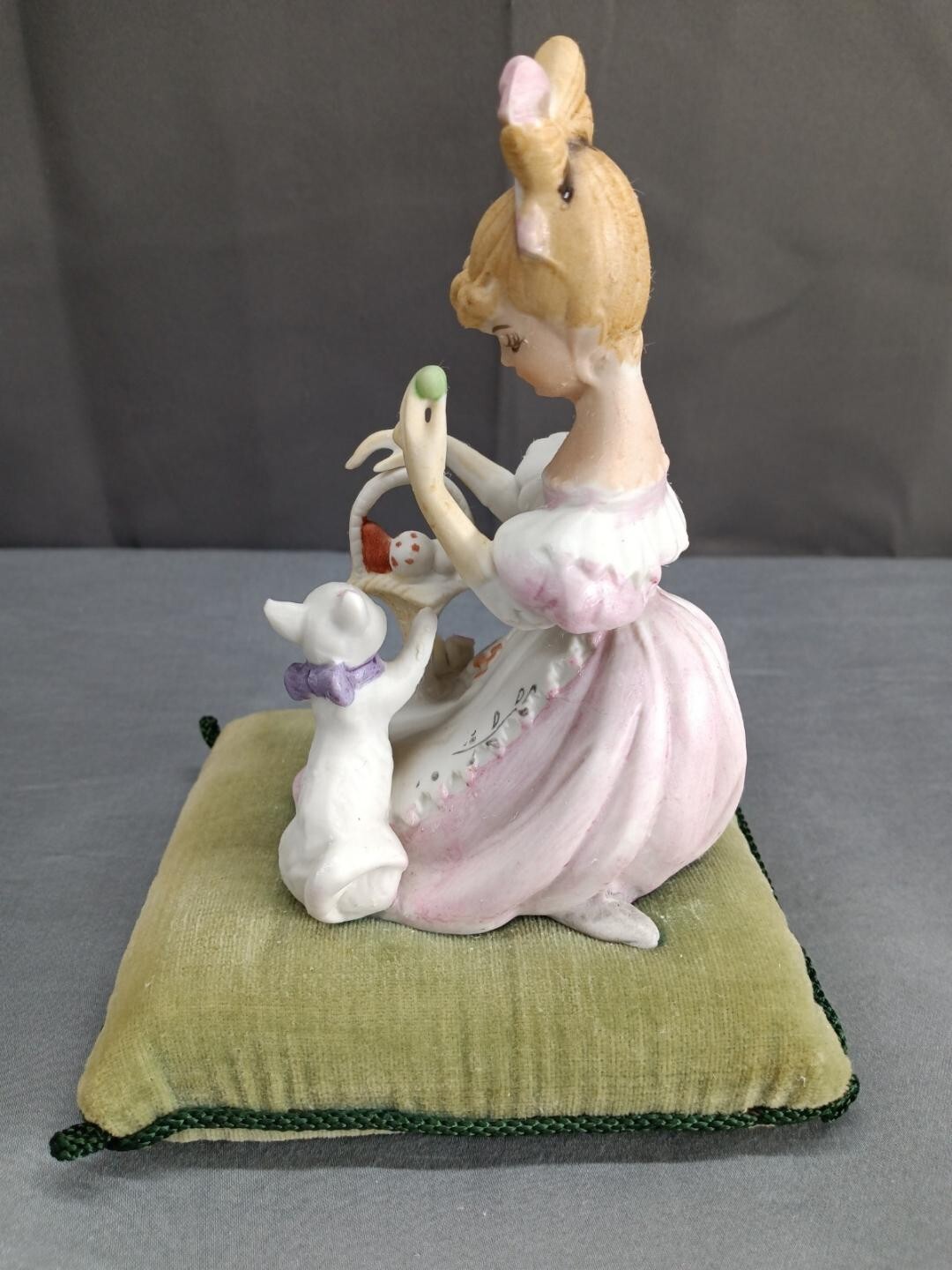 Vintage Lenwile Ardalt Girl with Cat on Velvet Pin Cushion Pillow Hand Painted