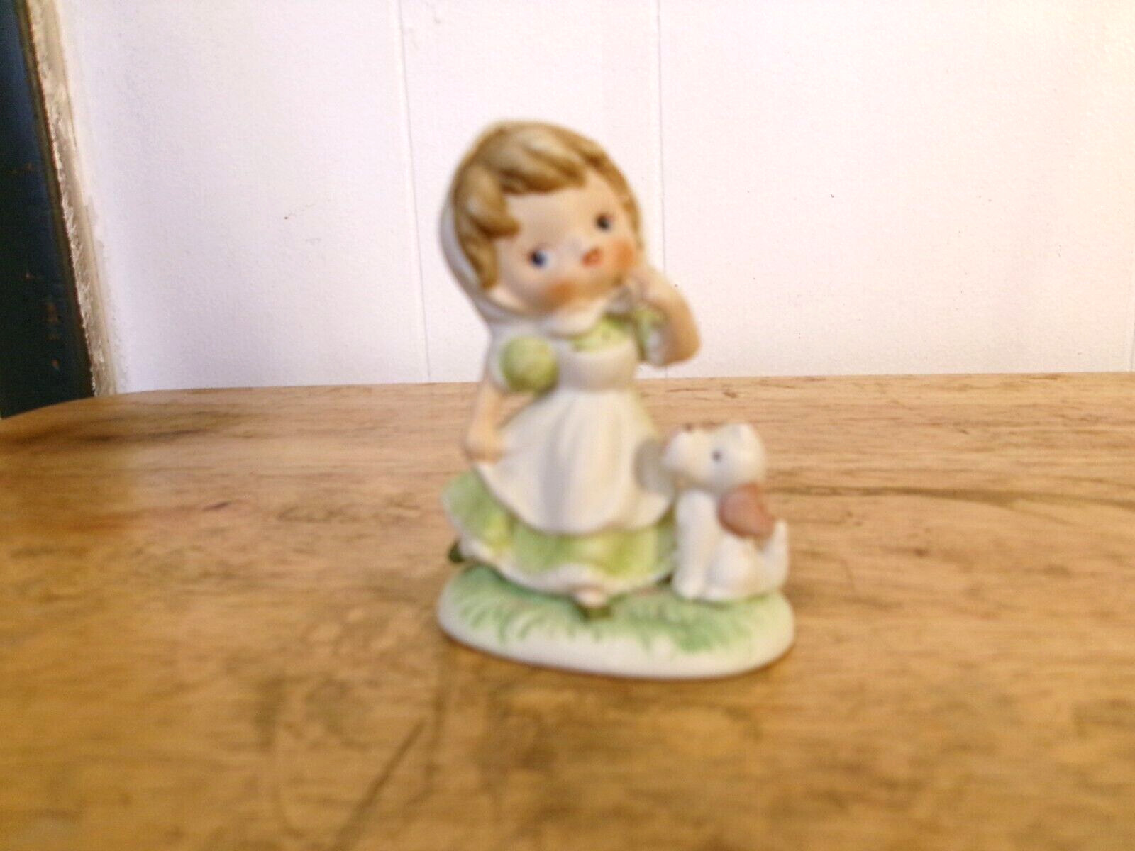Vintage Homco Girl With Puppy Dog Sweet 3″ Porcelain Figurine Green