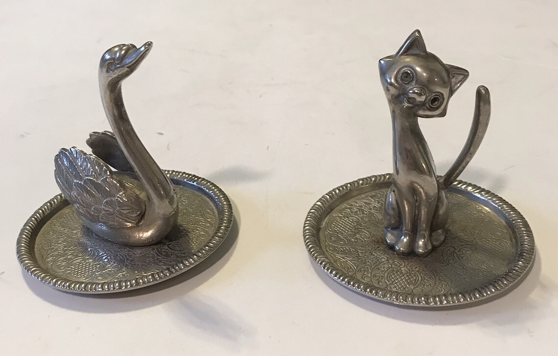 Ep Zinc Alloy Silver Swan And Cat Figurine Tray 3 X 3.2 In. Hong Kong Vintage!!!