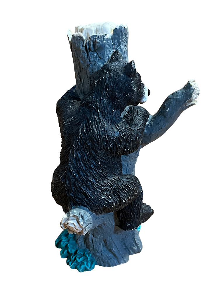 6in Black Bear Climbing Tree Ceramic Figurine Black/Gray Painted Nature Decor